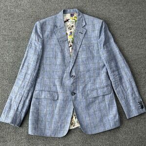 Custom Tailored Blue Plaid Linen Sport Coat 42R Half Canvas Surgeon Cuffs
